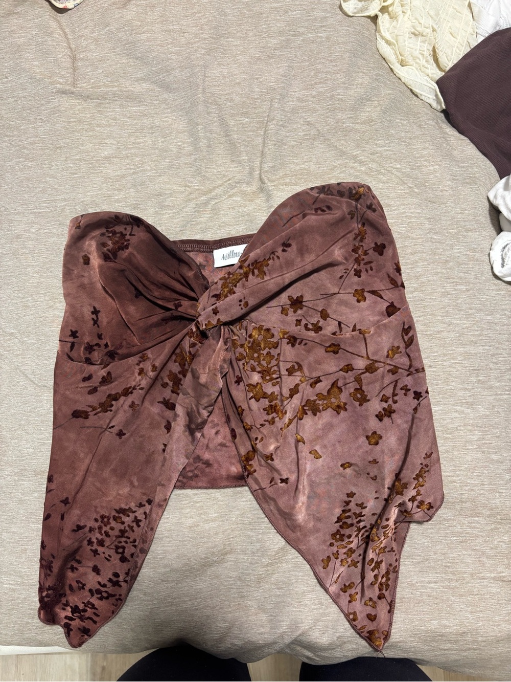 Brown Velvet Floral Tie-Front Crop Top